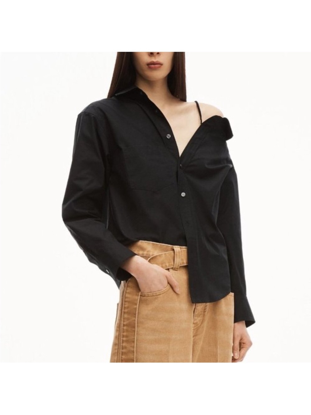 OAK + FORT Black Asymmetrical Button-Up Wrap Blouse | Size S